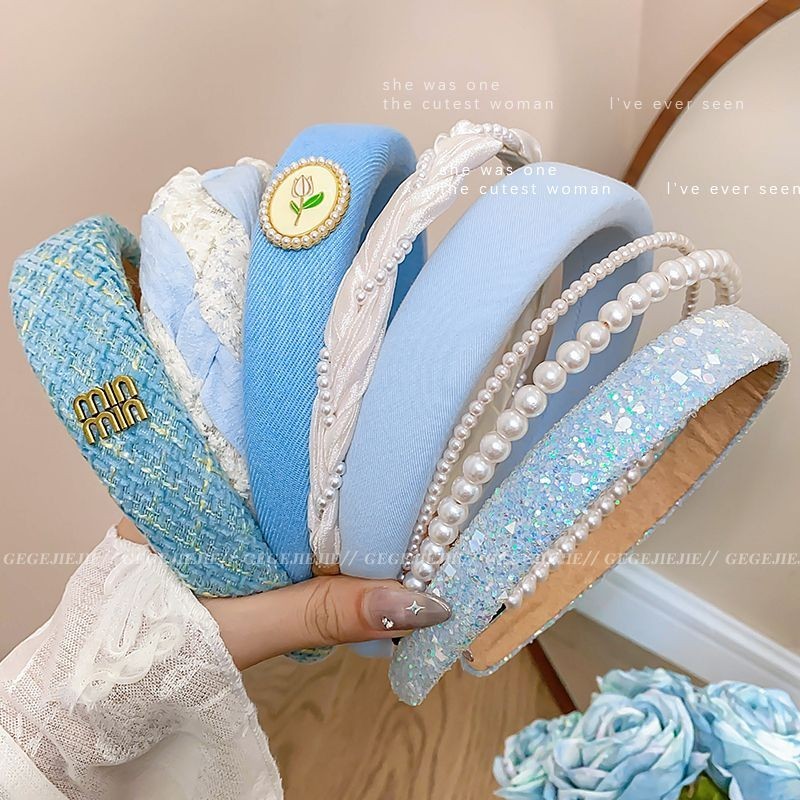 Băng Đô Cao Cấp Màu Xanh Dương Viền Rộng Rửa Mặt Sang Trọng Tất Cả Trận Đấu Bấm Tóc Nữ