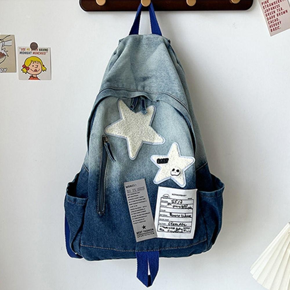 HOBBYIN Ba lô ngôi sao Denim HOBBYIN, Ba lô đi học công suất lớn họa tiết ngôi sao, Túi du lịch thời trang Unisex Y2K All Match ngoài trời