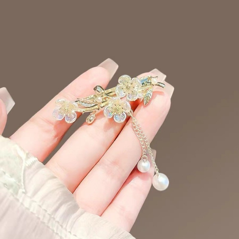 Mauropoli [Sẵn Sàng] Kẹp Tóc Tua Rua Hoa Nhỏ Bằng Kính Nữ Thiết Kế Niche Tính Khí Kẹp Bên Nổ Kẹp Tóc Gãy Kẹp Tóc Cổ