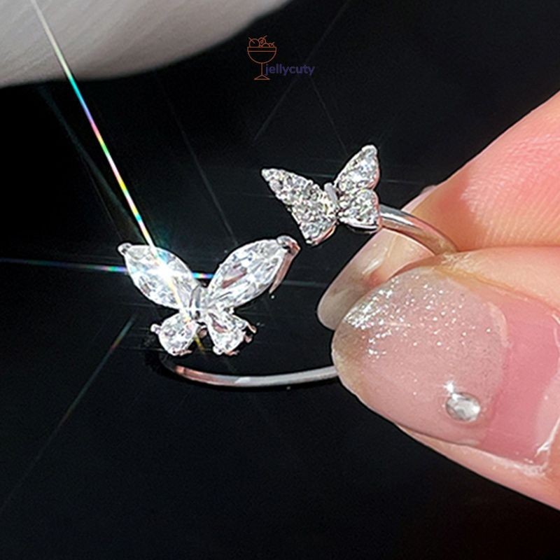 🍥jellycuty🍥Nhẫn bướm Zircon đôi sang trọng nhẹ nhàng Bạc 925 Sterling Nữ Niche Nhẫn mở đầu cao cấp