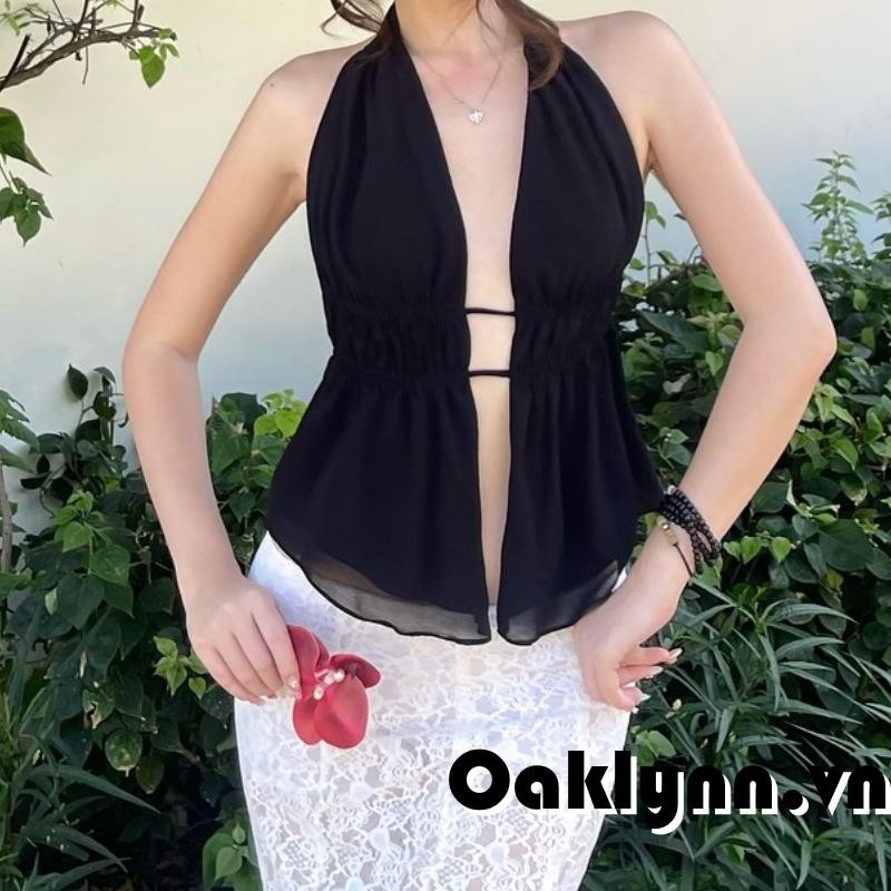 Áo Vest cổ dây mùa hè dành cho nữ không tay hở lưng màu trơn mở phía trước