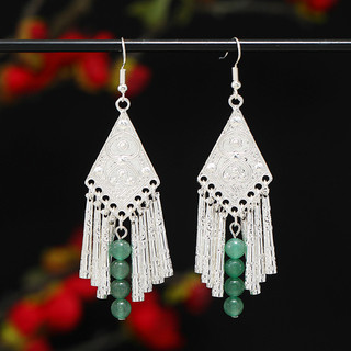 Bông tai bạc Miao phong cách Trung Quốc, tua dài ngọc bích Aventurine, kẹp tai nữ, móc bạc S925