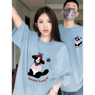 Áo thun ngắn tay 100% cotton dành cho cặp đôi váy mùa hè nữ 2024 mới màu trắng xám dễ thương chó ngắn tay niche rộng rãi nam nữ có cùng mẫu