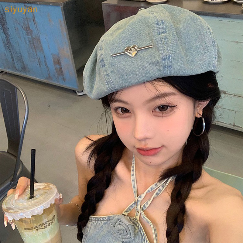 Siyuyan 1 Bông Tai Kẹp Retro Denim Mũ Cho Nữ Xuân Hè Du Lịch Đa Năng Thời Trang Tình Yêu Pin Ngọt Ngào Họa Sĩ Mũ VN