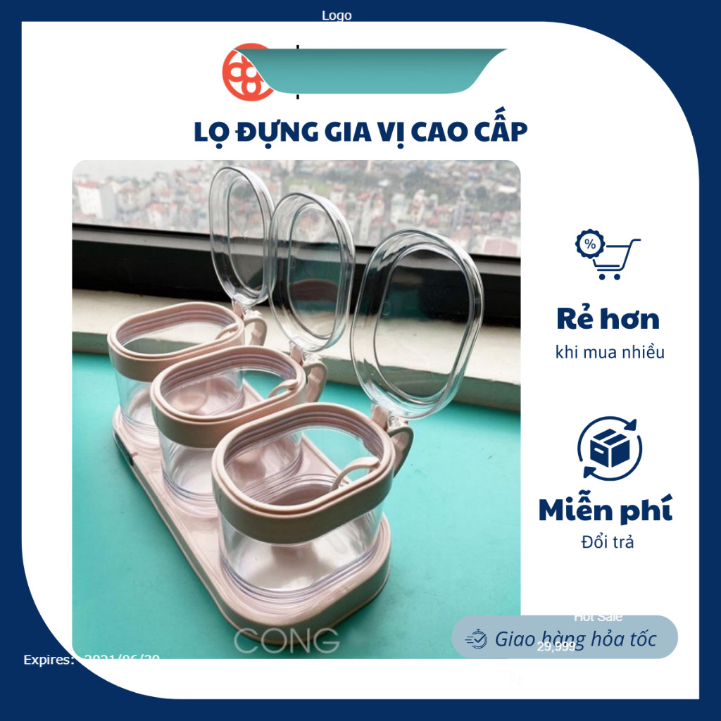 Lọ đựng gia vị cao cấp Hokori Việt Nhật có quai cầm và nắp đậy tặng kèm khay , Bộ hũ lọ đựng gia vị HOKORI
