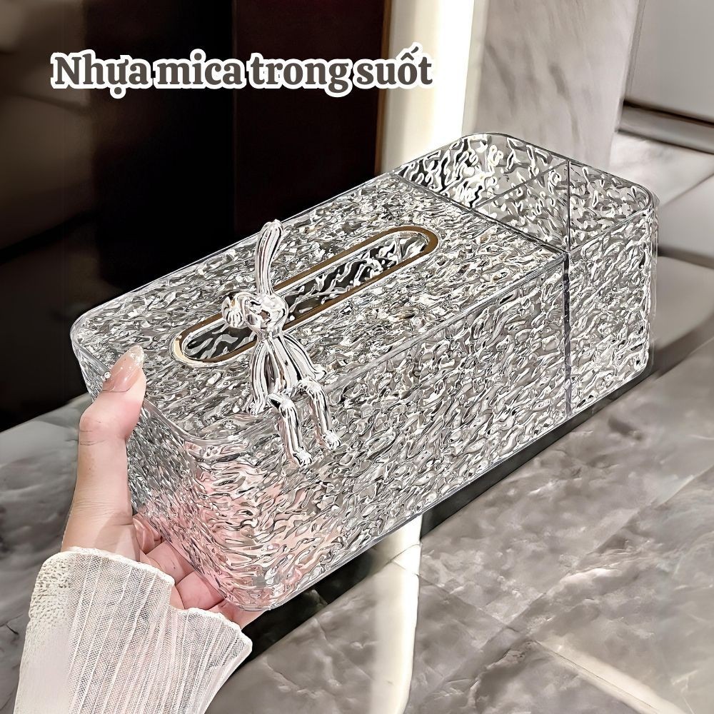 Hộp Đựng Khăn Giấy Vân Kim cương trong suốt kèm khay đựng đồ để bàn họa tiết thỏ sang trọng