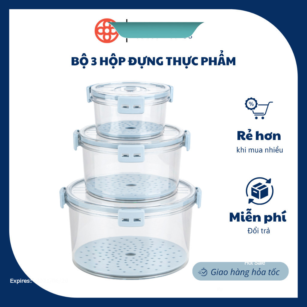 Bộ 3 Hộp Đựng Thực Phẩm Tròn 4 Khoá Gài Hokori 3 Dung Tích Nhựa Việt Nhật Cao Cấp(6558), có khay ngăn nước