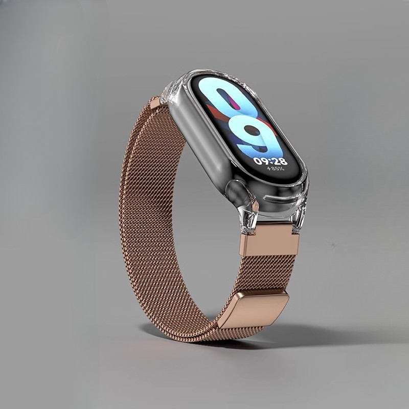 Dây đeo lưới kim loại cho Mi Band 9 8 Smartwatch Dây đeo cổ tay Xiaomi Mi Band 3 4 5 6 7 Vỏ trong suốt Dây đeo đồng hồ từ tính có vỏ trong suốt