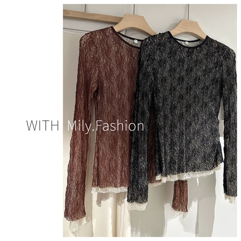 Milyfashion Rời Kích Thước Lớn Thường Ngày Độ Đàn Hồi Cao Xếp Ly Ren Đôi Áo Sơ Mi Nhỏ Thiết Kế Không Đều Đáy Áo Sơ Mi Phong Cách Mới Phối Màu Sắc Hơi Trong Suốt