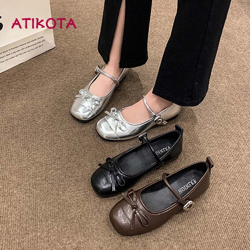 Atikota Nữ Ballet Giày Đế Bằng Nơ Nông Miệng Phong Cách Mới Thời Trang Mary Jane Giày Đơn Giản Cho Nữ