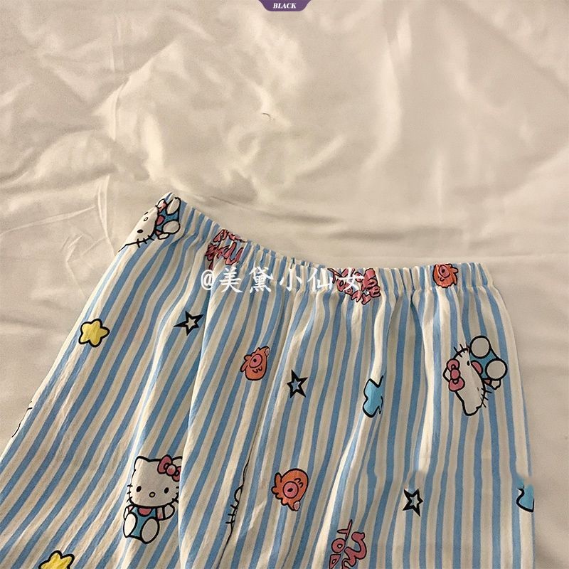 Ins Bộ Đồ Ngủ HelloKitty Dễ Thương Nữ Mùa Hè Sọc Ngắn Tay Quần Short Nhật Bản Mỹ Bé Gái Homewear Suit [BL]