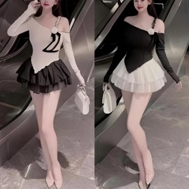 Sét áo lệch vai kèm bông và chân váy voan 2 tầng Nữ Voi Top Women