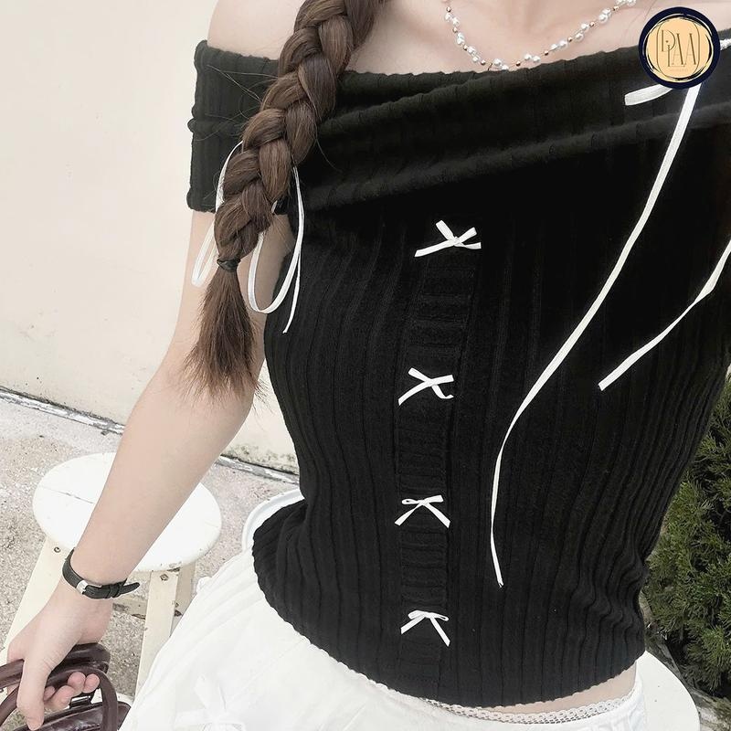 Áo Nữ Kiểu Trễ Vai Đính Nơ DaaLaa Store Phong Cách Coquette A51092