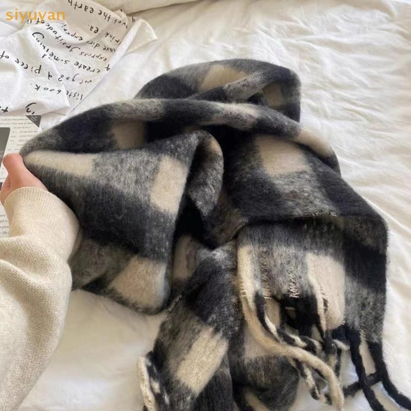 Siyuyan Kẻ Sọc Khăn Checkerboard Khăn Mềm Mại Nữ Mùa Đông Ấm Áp Kép Sử Dụng Khăn Choàng Dài Vintage Dày Khăn Viền VN