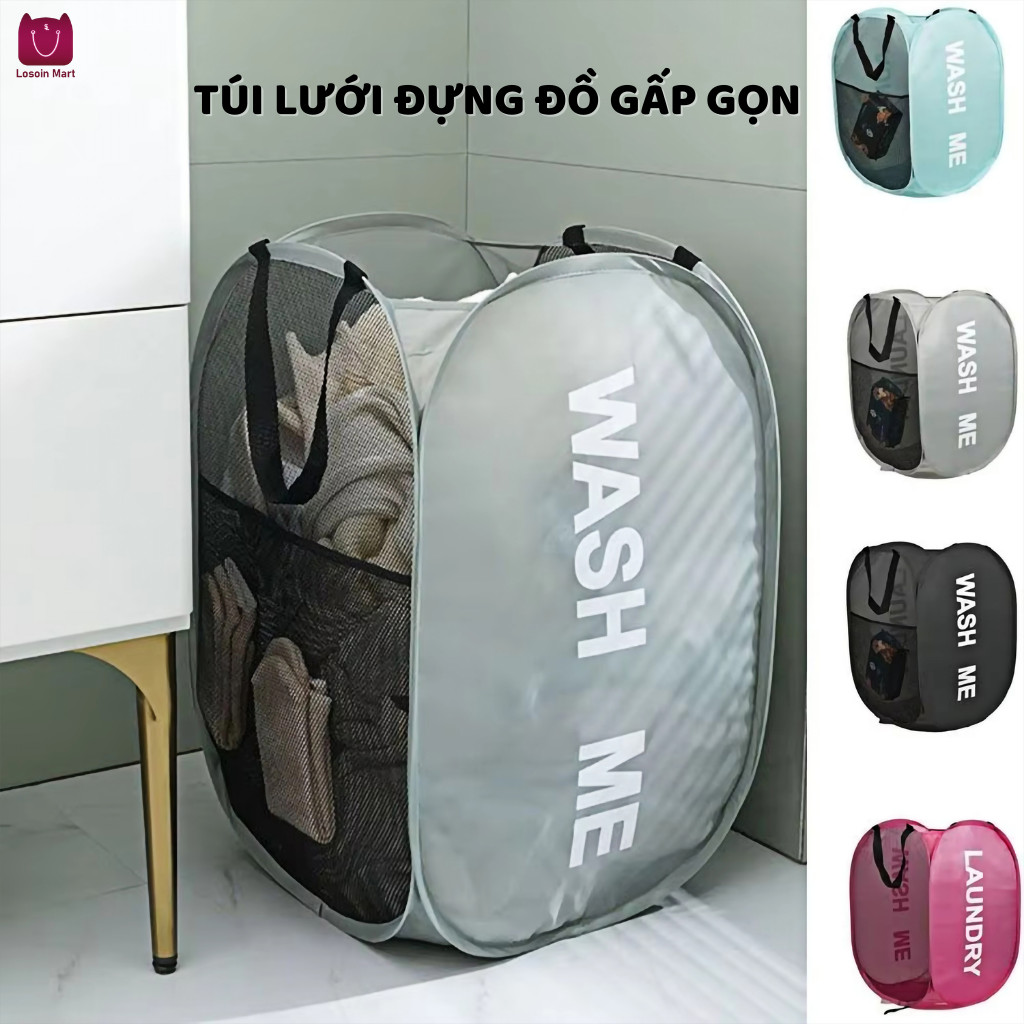 Giỏ đựng quần áo bằng lưới, có thể gấp gọn, thoáng khí, dung tích lớn và dễ mang theo.