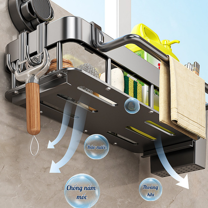 Kệ Đựng Đồ Rửa Chén Bát Hút Chân Không Bằng Thép Không Gỉ Dinohome, Giá Để Đồ Rửa Bát Có Móc Treo Tiện Lợi