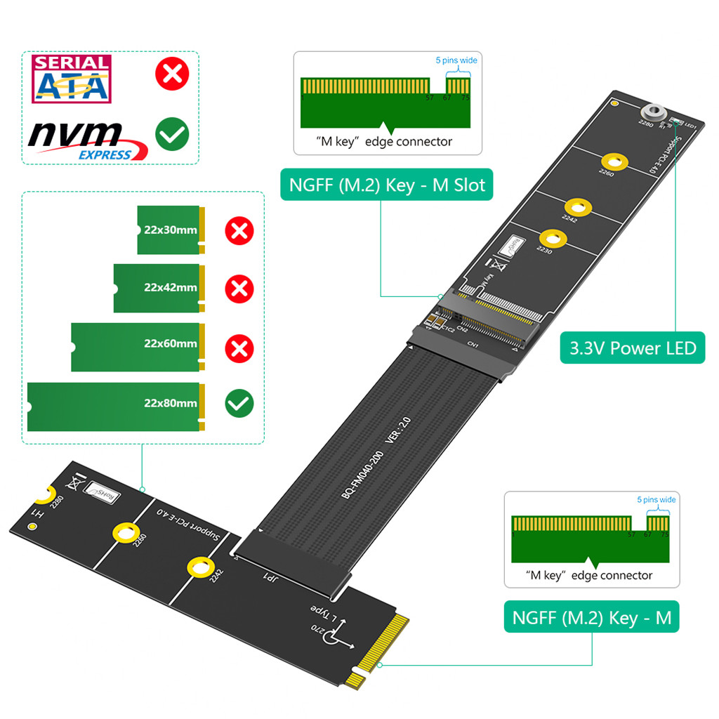 JMT Nâng Cấp 90 / 180 / 270 Độ M.2 M Key NVME SSD Cáp Nối Dài Cho M.2 NVME 2230 2242 2260 2280 Đến 2280 Cáp SSD