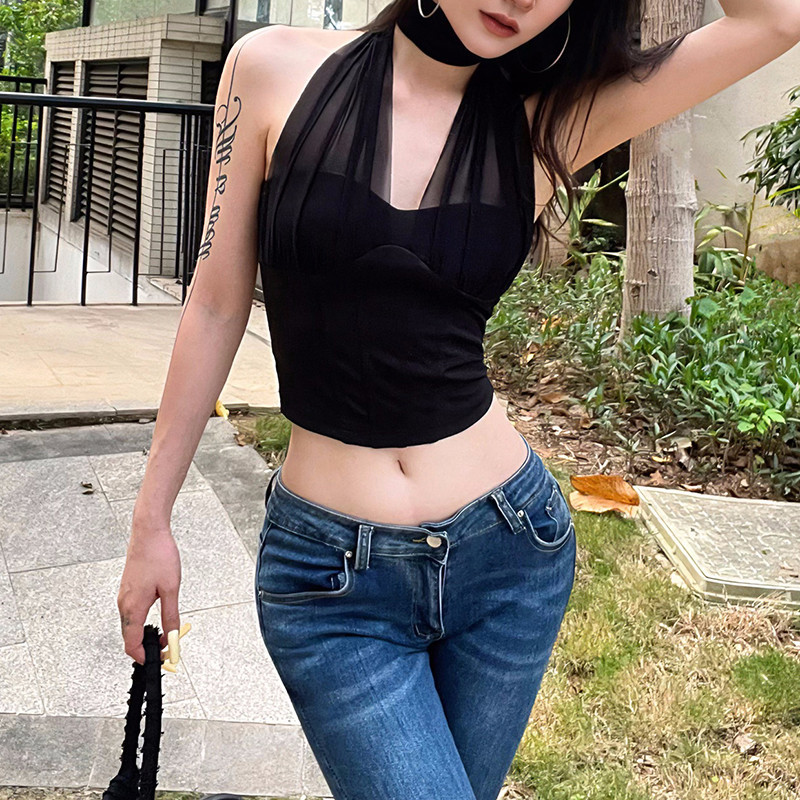 CuteNew Lưới chắc chắn vest tắt vai nữ, thiết kế chia không đều với vá rốn, phong cách gợi cảm