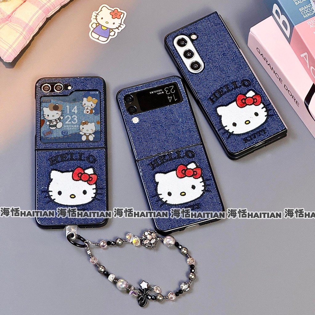 Thích Hợp Cho Samsung Galaxy Z Flip7 Flip6 Blue Cowboy Thêu Vòng Tay Mèo Vỏ Điện Thoại Cho ZFlip 7 6 5 4 3 5G N3Flip MixFlip Dây Gấp Bảo Vệ Cứng