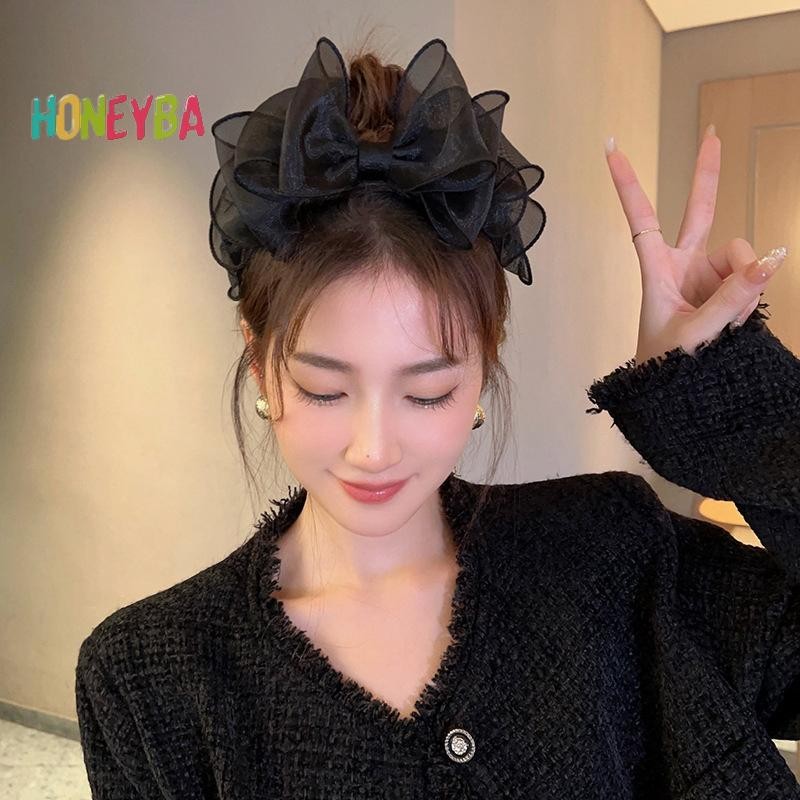 < Honeyba > Thời Trang Hàn Quốc Retro Lưới Đen Nơ Lớn Phụ Kiện Tóc Nữ Nguyên Bản Xù Cạnh Nhà Tạo Kiểu Phụ Kiện Tóc Vòng