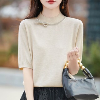 Áo len nữ cổ tròn tay ngắn mỏng, phong cách Hàn Quốc, phù hợp mùa xuân hè