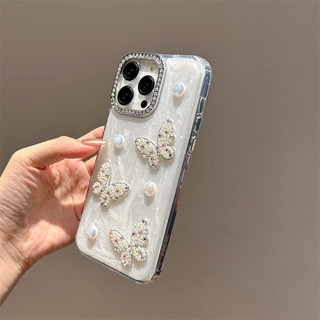 Sang Trọng 3D Ngọc Trai Kim Cương Bướm Wrsit Dây Xích Màu Trắng Epoxy Ốp Lưng Điện Thoại iPhone 16Promax 12 13 14 15 Promax 11 16Plus Chống Sốc Nữ Điện Thoại Di Động