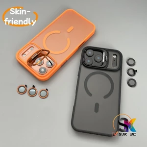 Ốp điện thoại cứng acrylic SJK Matte cho iPhone 11 12 13 14 15 16 17 Pro Max 17Air có giá đỡ kim loại / Phim ống kính miễn phí / Vỏ chống rơi bảo vệ màu cam