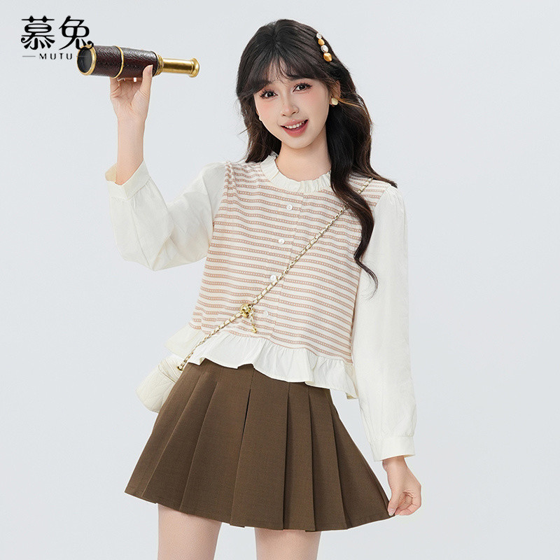 Mutu Pháp Phong Cách Chanel Sọc Cổ Tròn Nữ Mùa Hè 2026 Thiết Kế Phong Cách Mới Niche Giả Hai Mảnh Dài Tay Top