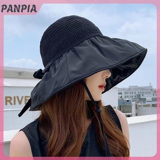 PNPIA-Áo Hè Nữ Mới Mũ Xô Chống Tia UV Mũ Chống Nắng Màu Trơn Mềm Mại Có Thể Gập Lại Rộng Vành Bãi Biển Ngoài Trời Panama Đuôi Ngựa Mũ