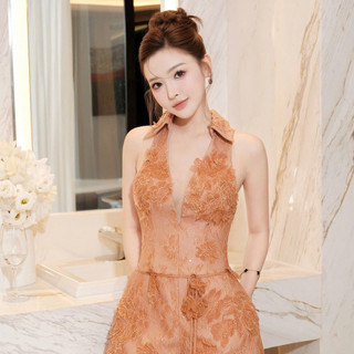 Jump ngắn Khiết Style ren hoa tone cam đất kèm dây thắt lưng đính hoa phong cách trẻ trung KJ218A