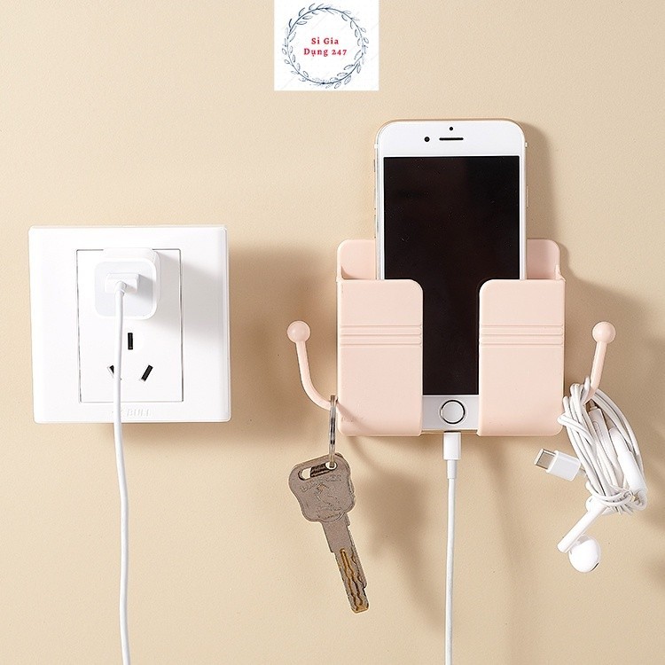 Giá Đỡ Dán Tường Để Sạc Điện Thoại, Remote, Ổ Cắm/ Kệ Đựng Đồ Dán Tường Kèm 2 Móc Treo Đồ