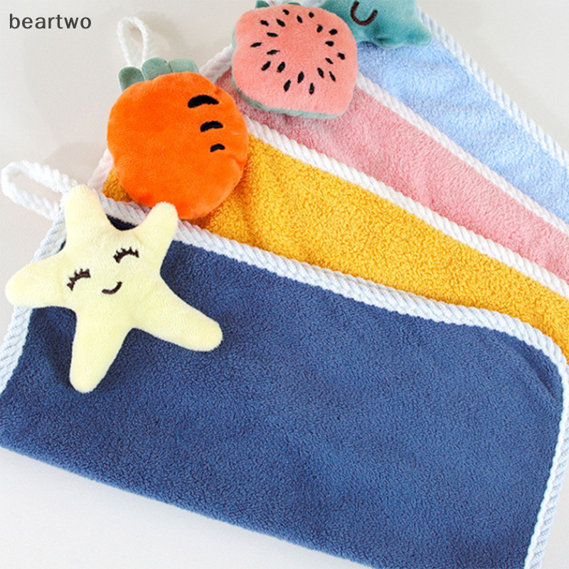 < Beartwo > Khăn tay Khăn tay trẻ em dễ thương Khăn tay khô thấm hút Khăn nhà bếp Khăn lông cừu san hô có nhẫn đẹp