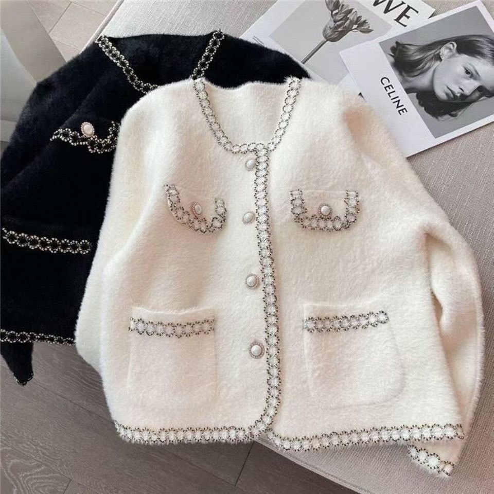 (HÀNG QUẢNG CHÂU LOẠI 1) Áo khoác cardigan dạ lông thỏ phối viền ngọc đính cúc sang chảnh (FREESHIP) BA SP24