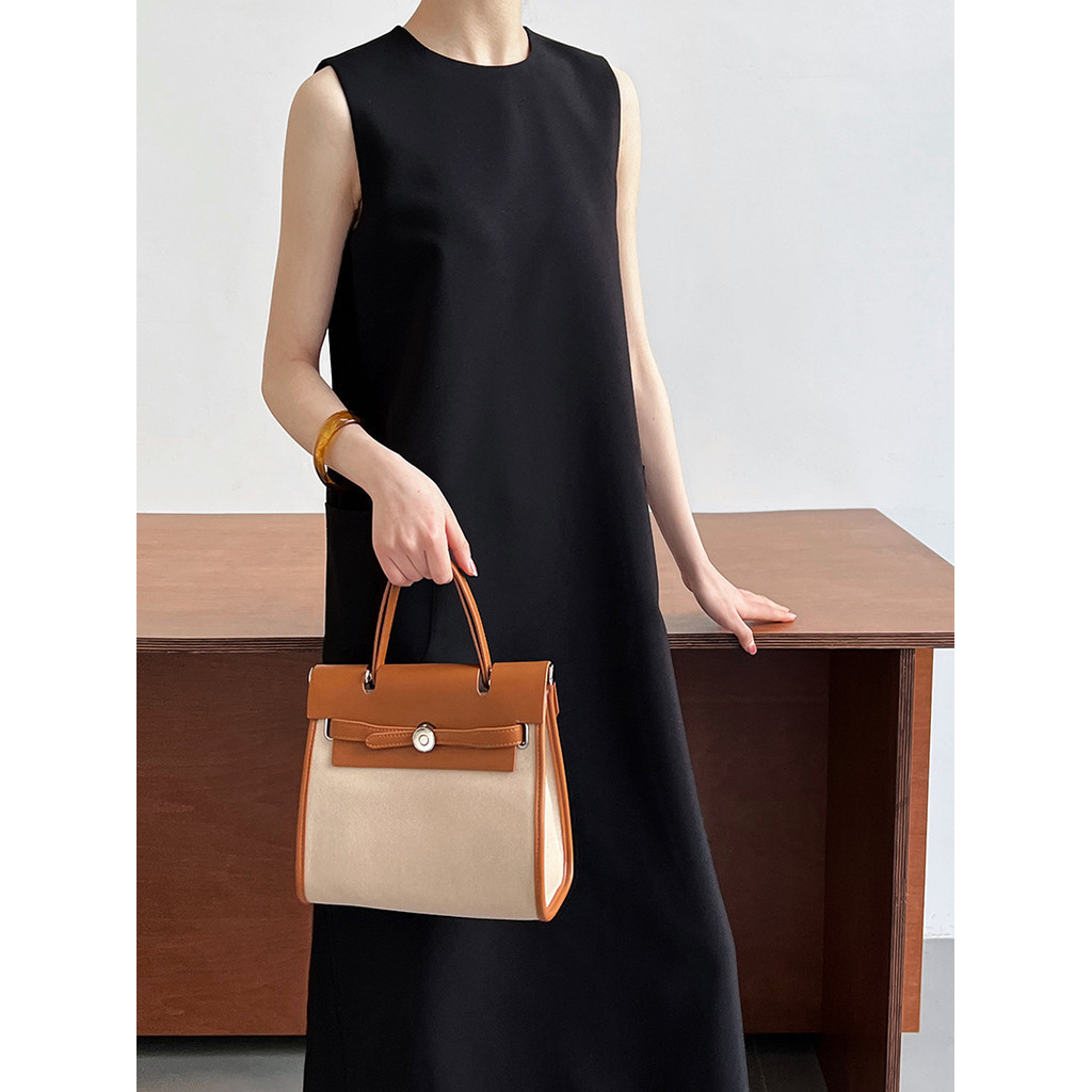 Sang Trọng Đơn Giản Đi Lại Không Tay Phù Hợp Với Áo Vest Đầm Nữ Rời Cổ Tròn Drape Váy Thẳng 3622
