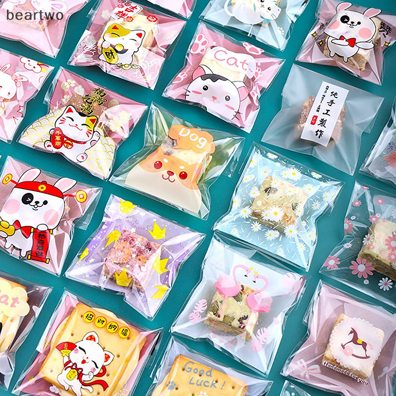 < Beartwo > 100 Túi đóng gói hoạt hình, Túi tự dính nướng nhẹ, Túi đóng gói bánh quy hoạt hình đẹp