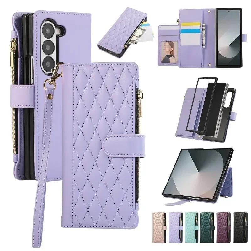 Ốp điện thoại đeo cổ tay đeo chéo cho Samsung Galaxy Z Fold 6 5 4 3 Fold6 Fold5 Fold4 Fold3 Ví có ngăn đựng thẻ Bao da