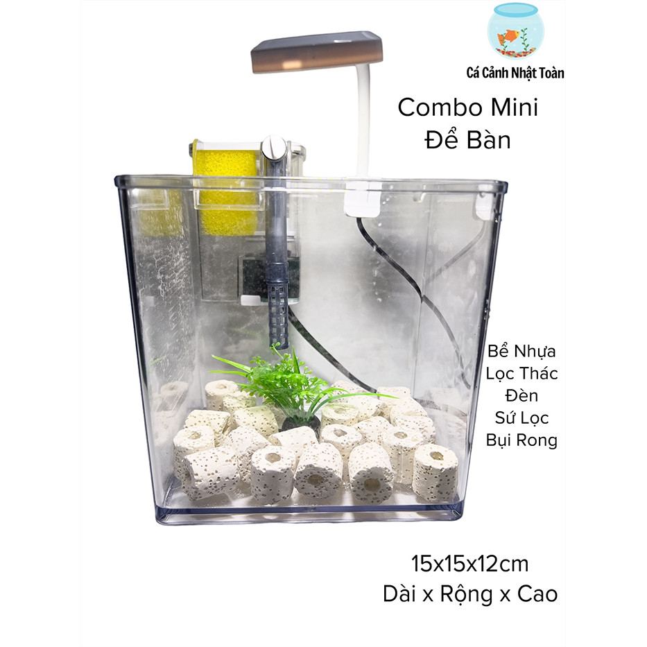 Combo Bể Cá Mini Mica Gồm (Bể, Lọc, Đèn, Phụ Kiện Trang Trí) ( D15cm x R15cm x C12cm)
