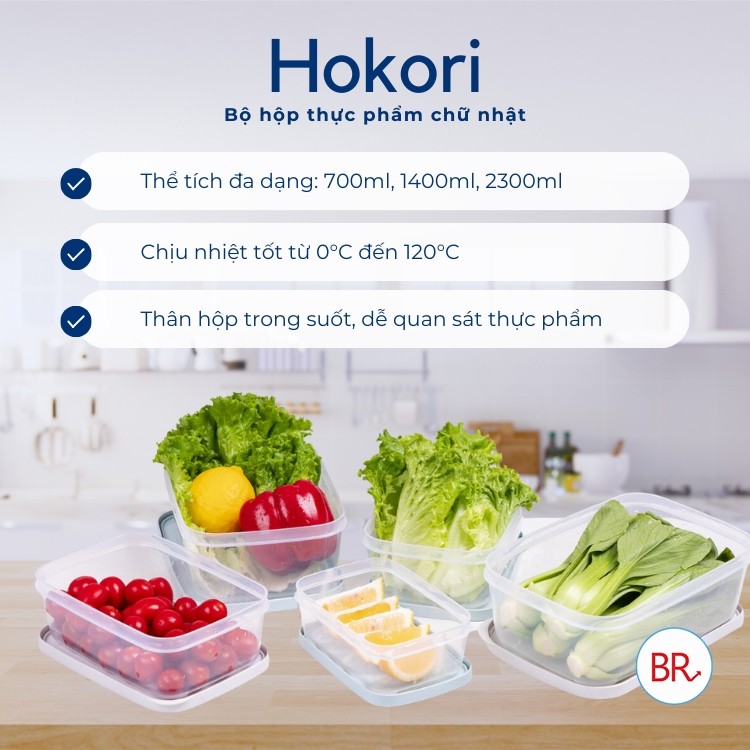 Bộ hộp thực phẩm chữ nhật Hokori (MS:6533) Việt Nhật, Hộp bảo quản thức ăn, đồ đông lạnh an toàn tiện lợi -br 02074