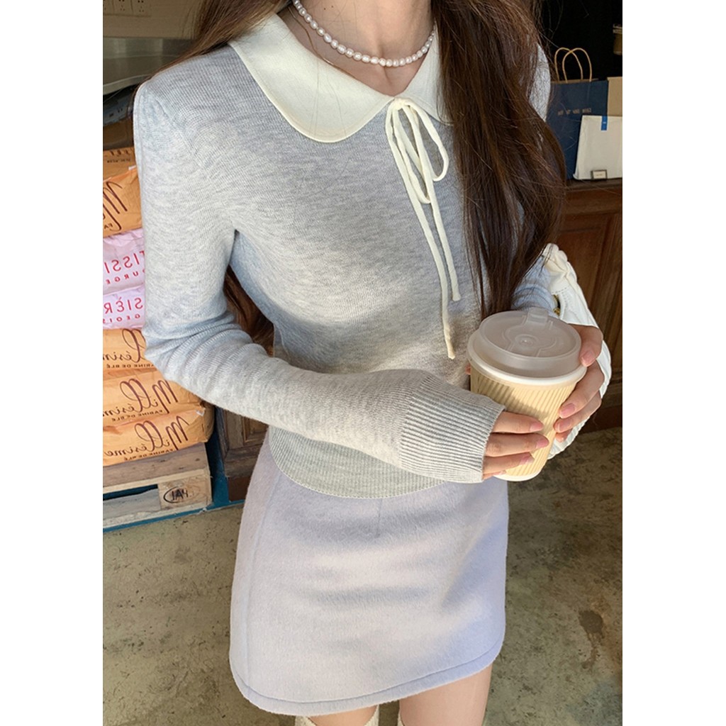 Suxi Pháp Retro Thu Đông Mới Cổ Búp Bê Dài Tay Dệt Kim Áo Len Nữ Ngắn 240830