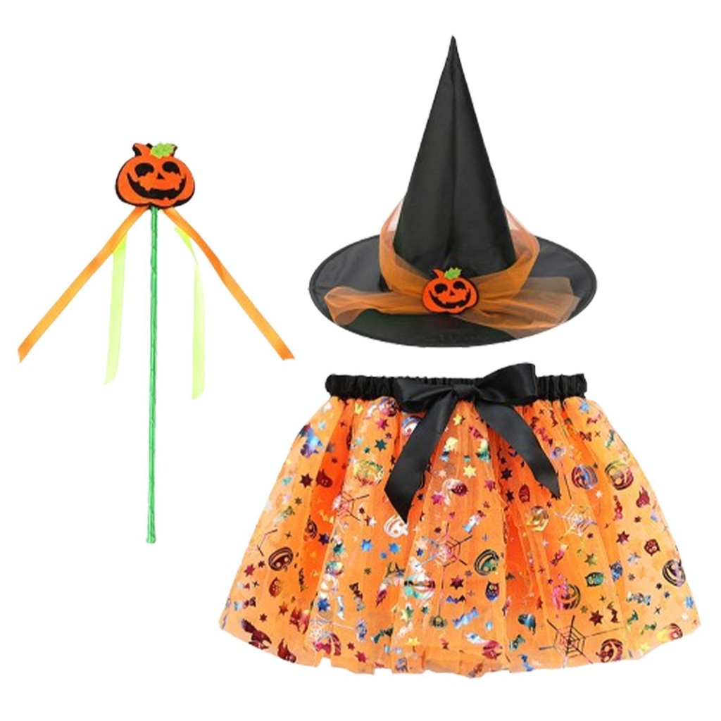 Halloween in lưới bí ngô váy tutu mũ phù thủy chổi váy lông tơ bộ ba mảnh váy ngắn bé gái Châu Âu và Mỹ jiwvn