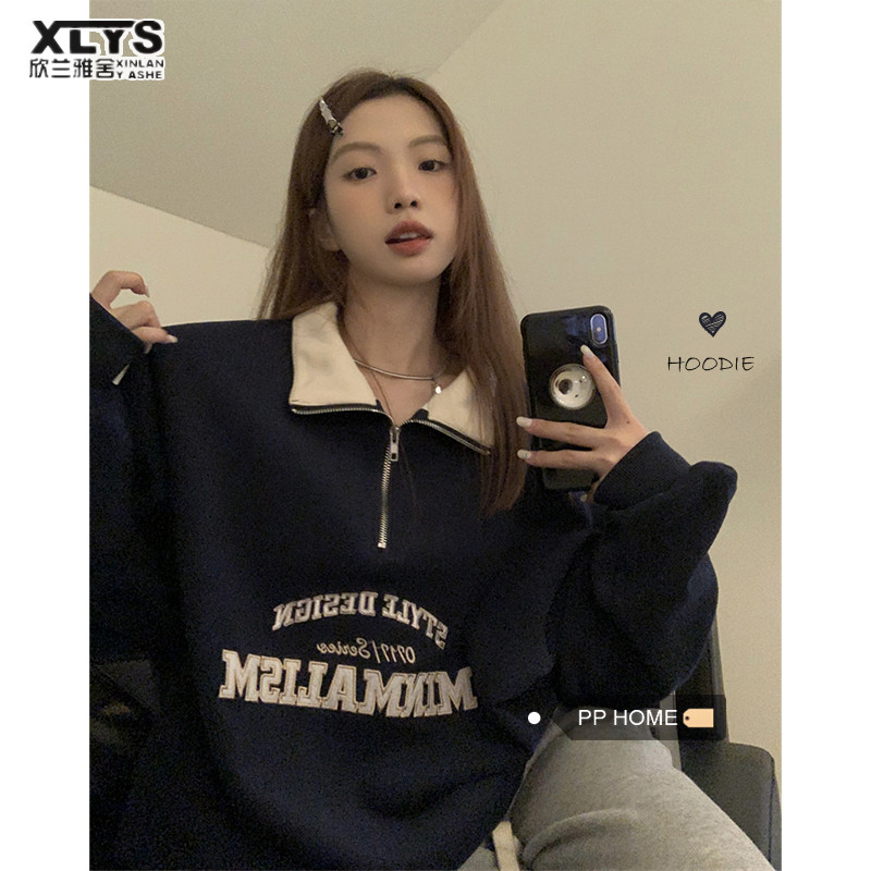 Xin LAN YA SHE Nữ Retro Thẳng Vai Áo Polo Cổ Nửa Dây Kéo Rời Lười Top ...