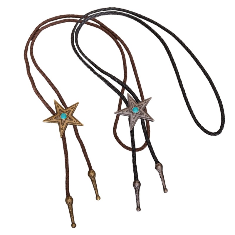 Coo Dây da bện Bolo Tie với kim loại Ngôi sao ngọc lam Mặt dây chuyền cho nam giới Trang phục đồng quê Cà vạt có thể điều chỉnh cà vạt cà vạt cà vạt