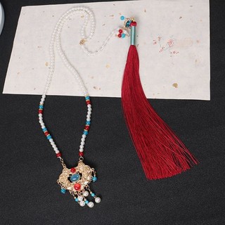 Handmade Phong Cách Dài Yingluo Vòng Cổ Ming Made Đứng Lên Cổ Tua Rua Mềm Yingluo Hanfu Tuổi Thọ Khóa Vàng Khóa Mặt Ngựa Váy Phụ Kiện 10.6