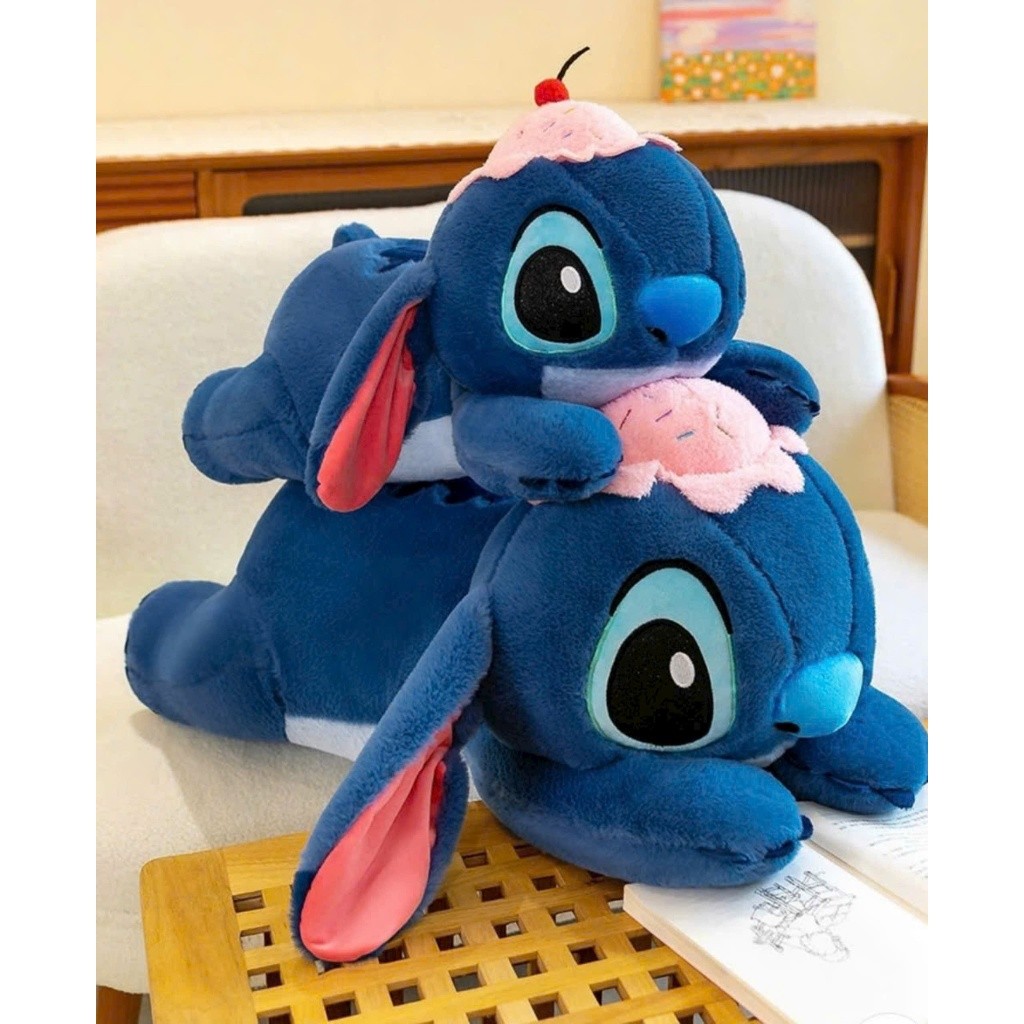 Gấu Bông Ôm Ngủ Stitch Dáng Nằm Dùng Để Ôm Gác Chân Dựa Lưng Gấu Nằm Stick Đội Mũ Bánh Chất Liệu An Toàn Thân Thiện