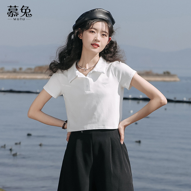 Mutu Polo Áo Thun Nữ Tay Ngắn Màu Trắng Mùa Hè, Phong Cách Cho Hot Girl