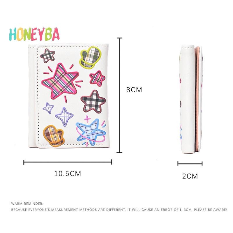 < Honeyba > Ví Dễ Thương Cho Nữ Thêu Ngôi Sao Gấp Ngắn Ví Đựng Thẻ Tiền Xu Nhỏ Ly Hợp Ví Nữ Mới