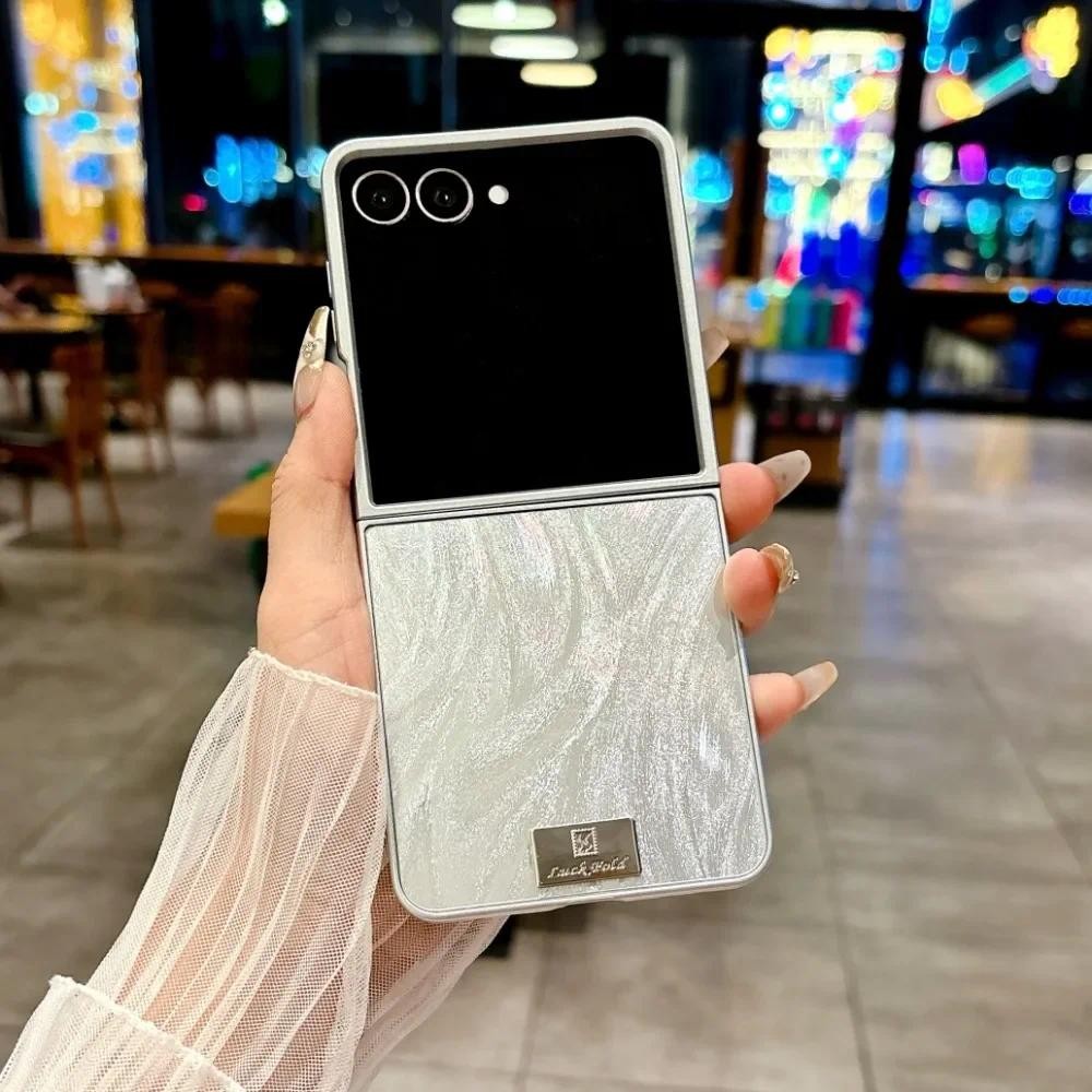 Sang Trọng Bạc Cạnh Lông Vũ Sợi Ốp Lưng Điện Thoại Samsung Galaxy Z Flip 7 6 5 4 3 Flip7 Flip6 Flip5 Flip4 Flip3 Cover