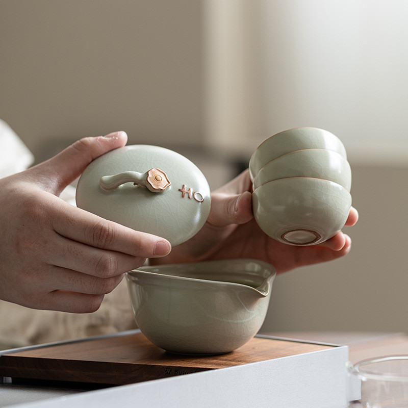 Ru Kiln Di Động Du Lịch Trà Tách Nước Ngoài Trời Cốc Nhanh Đá Trung Quốc Nứt Lát Gốm Kung Fu Bộ Trà
