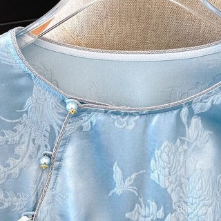 Áo sơ mi satin jacquard thêu phong cách Trung Hoa, cổ tròn tay ngắn cho mùa hè 2025