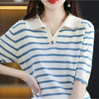 Áo Len Sọc Tay Ngắn Nữ Cổ Áo Polo Mùa Hè Rời Đi Lại Mỏng Top